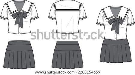 Technical flat sketch of high school uniform design template. Sailor collar crop shirt with button-down and big bow neck tie. Mini pleated skirt. Mock up, Vector illustration.