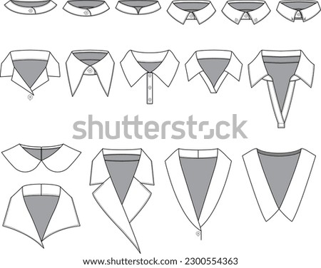 Different types of collars. A set of neckbands and collars.  A bunch of hand-drawn shirt's collar. Hand-drawn collar and neck line vector drawings for clothes and fashion items. Foto d'archivio © 