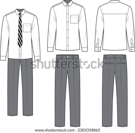 Technical flat sketch of menl's school uniform design template. White collar shirt and straight fit pants set mock up vector illustration. Button-down classic shirt and striped neck tie, trouser.