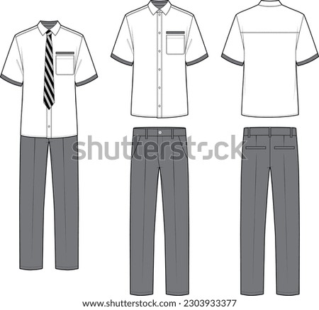 Technical flat sketch of men's school uniform design template. Short sleeve collar shirt and straight fit pants set. Mock up vector illustration. Button-down classic shirt and striped neck tie.