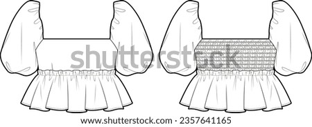 Technical Flat sketch of smocked back blouse. Vector mock up. Volume short sleeve top with square neck. Woman cropped babydoll top w. peplum, frill trim. CAD, Template.