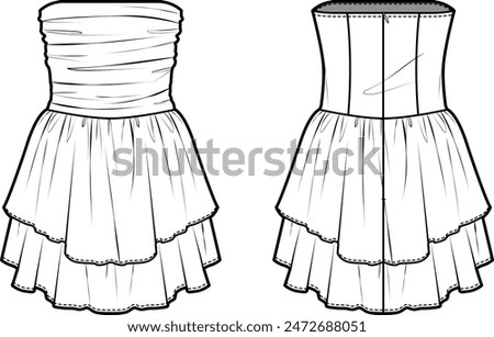 Technical flat sketch of Tube mini dress. Ruched body one-piece with layered ruffle skirt. Front and back apparel. Vector mock up Template. 