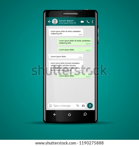 Modern vector mobile phone illustration with chat screen app, messaging template. Social network, chatting and messaging concept