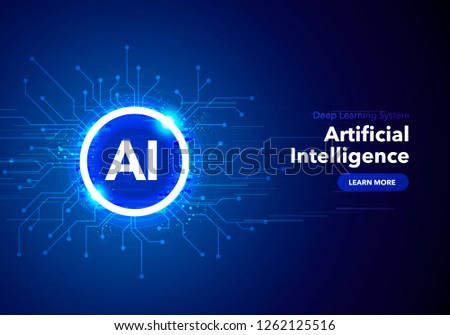 Vector Illustration artificial Intelligence landing page. Website template for ai machine deep learning technology sci-fi concept.