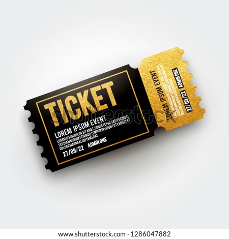 Vector ticket for Cinema, theater, concert, movie, performance, party, event festival. Realistic black and gold vip ticket template