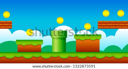 Vector Seamless Old Retro Video Game Background. Classic Style Game Design Scenery.