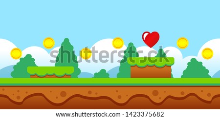 Vector illustration seamless game scene with coins and heart