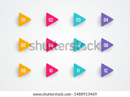 Super set arrow bullet point triangle flags on white background with colorful gradient. Markers with number 1 to 12. Modern vector illustration.