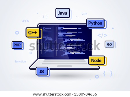 Vector Illustration Web Development Programming Coding Icon. Laptop With Program Code On The Screen.
