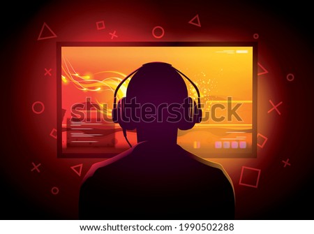 Vector Illustration Gamer Kid Sit In Front Of A Screen And Play Games