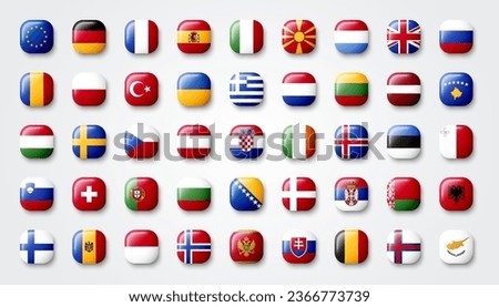 Europe Flags In Rounded Square Badge Or Button Style