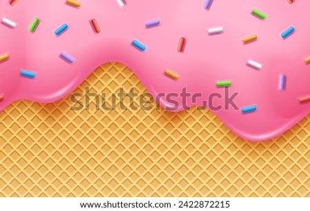 Strawberry Ice Cream With Colorful Sprinkles In Waffle Cone. Sweet Background Concept.