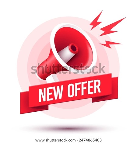 Red Ribbon With Text New Offer And Megaphone Icon