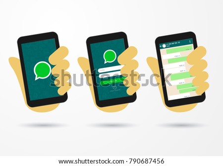 vector illustration hand hold smart phone social messenger icon login screen with name and password check and chat function