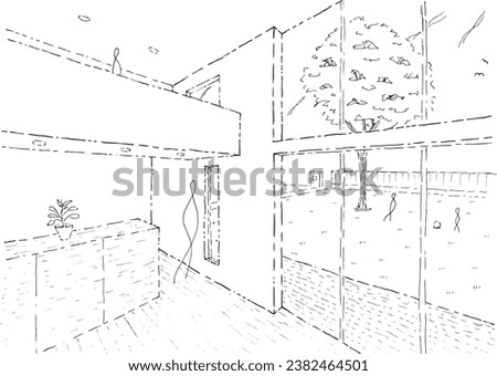 Architectural perspective_1_
Imaginary hand-drawn interior sketch overlooking the garden from the atrium living room