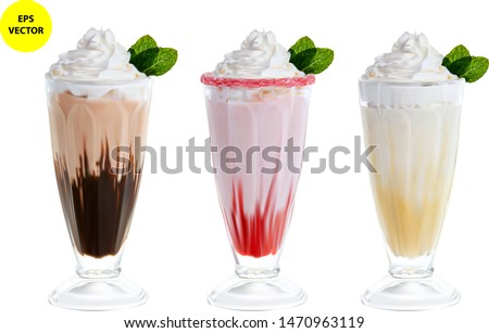Three highly realistic milkshakes chocolate, vanilla and strawberry isolated on a white background