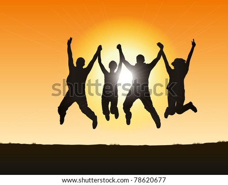 Silhouettes of people jumping on the hill at sunset