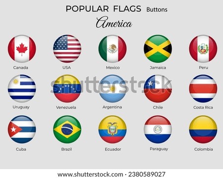 Buttons flags of American countries. America flag icon set. 3d round design. Official coloring. Vector isolated