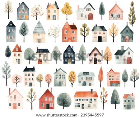 Big set of watercolor scandinavian trees and houses. Cute childish buildings isolated. Trendy scandi vector background