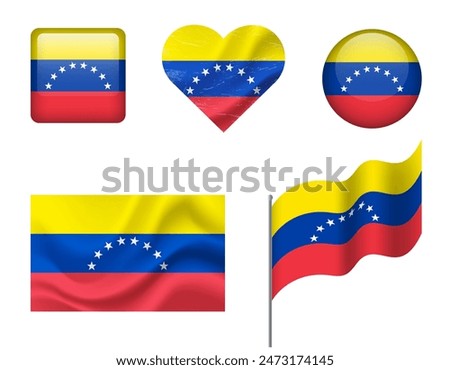 Venezuela flag set of icons. Vector flag of Venezuela, symbol. Set of Venezuela flags button, waved, heart.