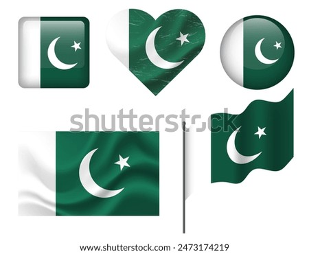 Pakistan flag set of icons. Vector flag of Pakistan symbol. Set of Pakistan flags button, waved, heart.