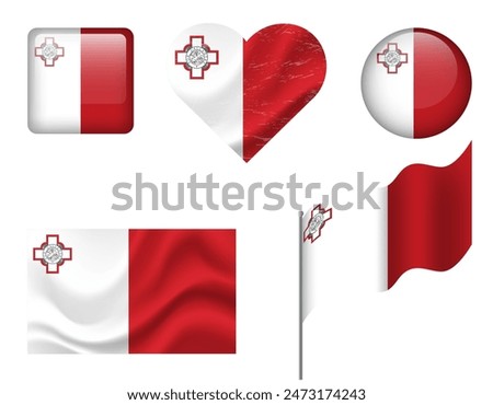 Malta flag set of icons. Vector flag of Malta, symbol. Set of Maltese flags button, waved, heart.