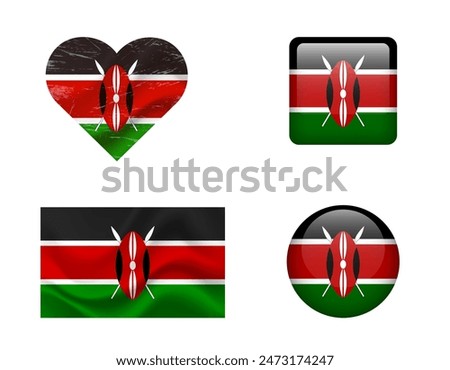 Kenya flag set of icons. Vector flag of Kenya, symbol. Set of Kenya flags button, waved, heart.