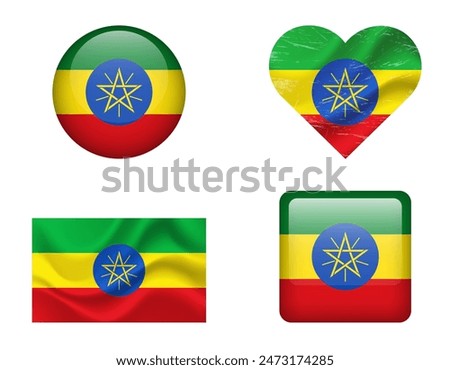 Ethiopia flag set of icons. Vector flag of Ethiopia, symbol. Set of Ethiopia flags button, waved, heart.