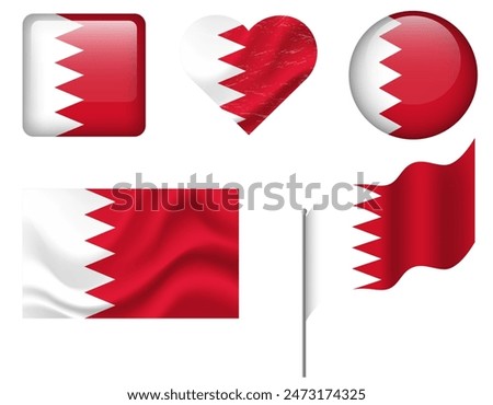 Bahrain flag set of icons. Vector flag of Bahrain, symbol. Set of Bahrain flags button, waved, heart.