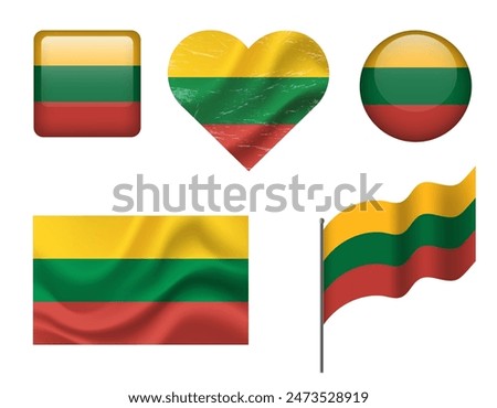 Lithuania flag set of icons. Vector flag of Lithuania, symbol. Set of Lithuania flags button, waved, heart.