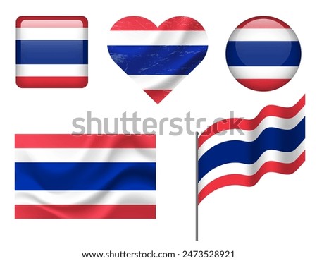 Thailand flag set of icons. Vector flag of Thailand, symbol. Set of Thai flags button, waved, heart.