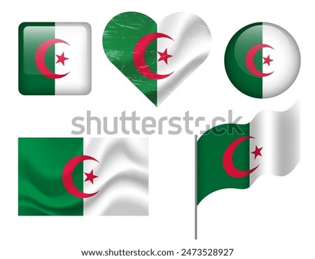 Algeria flag set of icons. Vector flag of Algeria, symbol. Set of Algeria flags button, waved, heart.