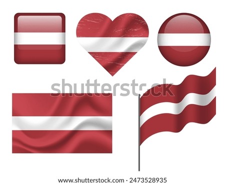 Latvia flag set of icons. Vector flag of Latvia, symbol. Set of Latvian flags button, waved, heart.