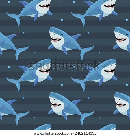 Funny fish characters. Seamless pattern with cartoon sharks. Shark vector backgrounds. 