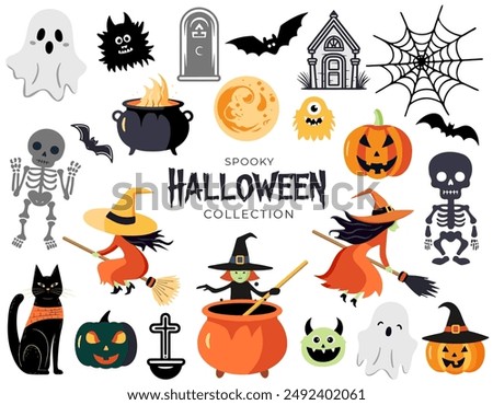 Halloween set witch, pumpkins, ghosts, monster, skeleton. Characters and elements for halloween in cartoon style. 