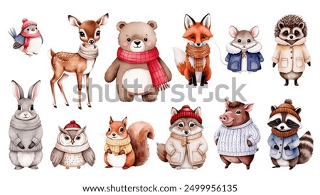 Set of watercolor woodland animals in winter clothes. Autumnal animals. Bear, fox, boar, deer, squirrel, owl, hare, hedgehog.