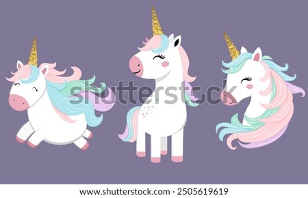 Set of cute unicorns with golden horns. Unicorn stickers set. Childish vector illustration