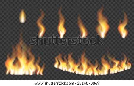 Realistic fire set. Red fiery flames for used on dark illustrations.