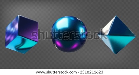 3d metal shapes set with holographic effect. Gradient geometric shapes. Fluid color. Ball, cube, pyramid