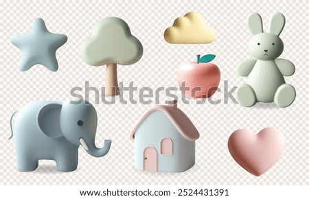 3d kids toys and nursery elements. 3d render set with cute elephant, bunny, star, cloud in pastel colors