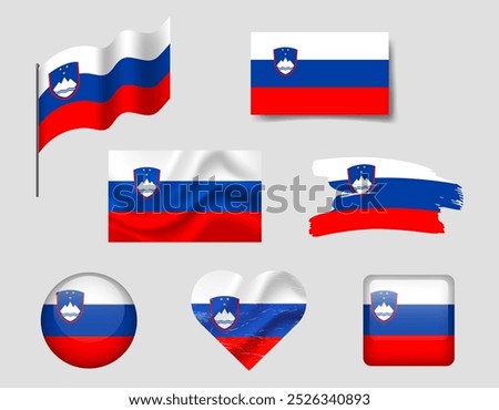 Slovenia flag set of icons. Vector flag of Slovenia, symbol. Set of Slovenian flags brush, button, waved, heart.