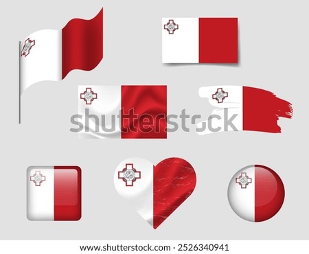 Malta flag set of icons. Vector flag of Malta, symbol. Set of Maltese flags button, brush, waved, heart.