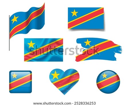 Democratic Republic Congo flag set of icons. Vector flag of DRC, symbol. Set of Congo flags button, waved, heart.