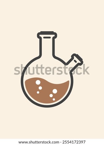 Laboratory chemistry glass tube with a brown liquid design, chemistry lab beaker flask with a round two neck shape. Flat graphic icon of Chemical equipment black outline and soft brown background