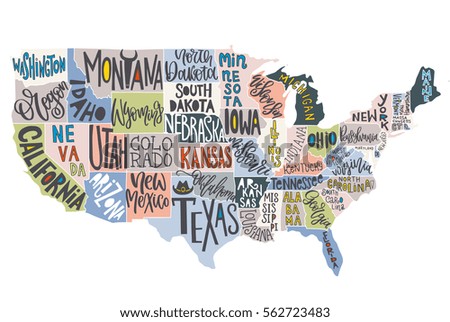 USA map with states - pictorial geographical poster of America, hand drawn lettering design for wall decoration, travel guide, print. Unique creative typography vector illustration. 