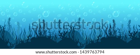 Underwater world background, sea bottom silhouette with algae and coral reef, seabed hand drawn, seascape horizontal seamless border, blue ocean flat drawing, marine frame. Vector illustration