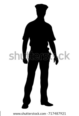 Police officer vector silhouette, outline man standing front side full-length, contour portrait male cop in a police uniform with arms, isolated on white background, monochrome illustration