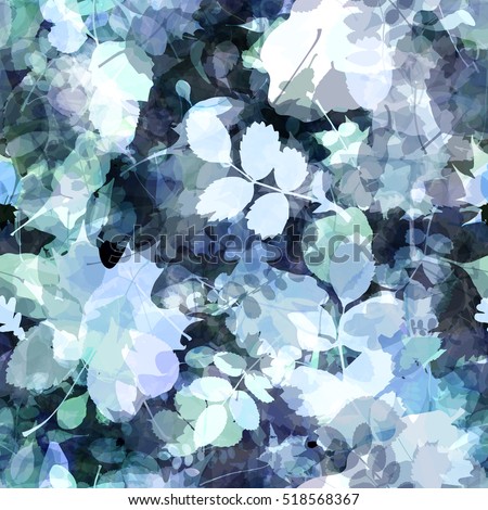 Abstract blue background with foliage & spots. Oak leaves, birch, alder, beech, maple, aspen. The leaves of trees and shrubs. Seamless floral pattern. Watercolor effect. Transparency. Overlay. Overlap