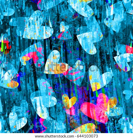 Blue background with colors inclusion. Valentines day pattern. Hearts and drops. Rainy mood. Seamless texture for fabric, wrapping, home decor, greeting card. Watercolor effect