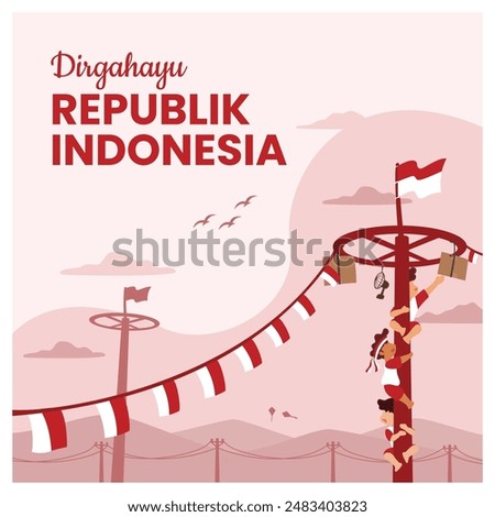 Republic of Indonesia Independence Day greeting card with an illustration of a child taking part in a areca nut climbing competition